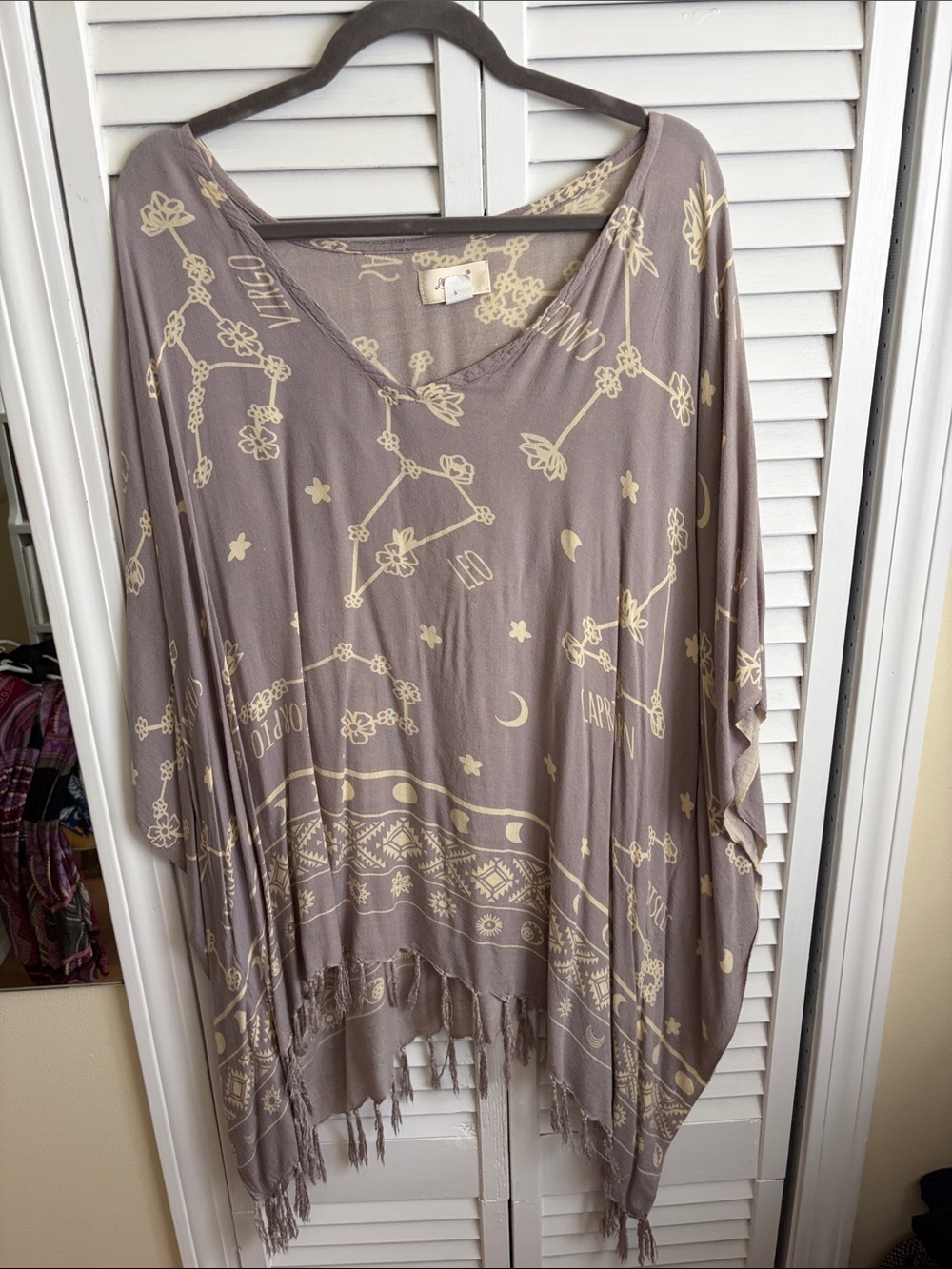 Taupe Floral Constellation Fringe Poncho